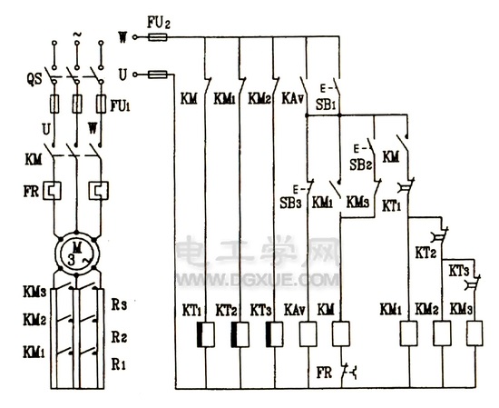 三相绕线式电动机转子串联电阻启动控制电路图