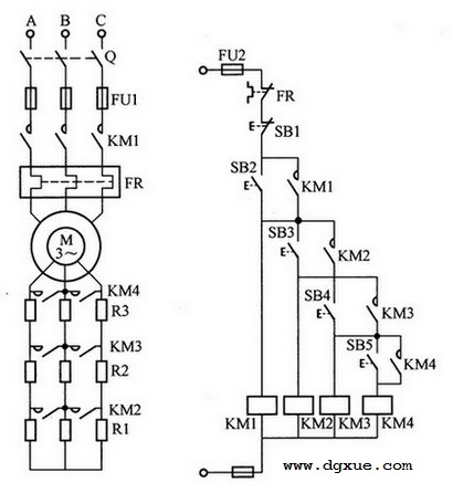 绕线转子电动机转子串电阻降压启动控制电路接线图