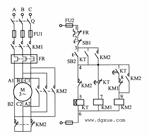 两个接触器实现电动机Y-△星三角降压启动控制电路接线图