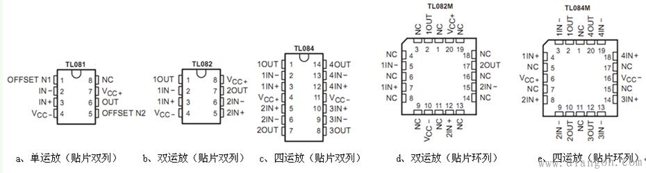 常用运放芯片实物和引脚功能图_TL081/082/084运放引脚功能及贴片封装形式