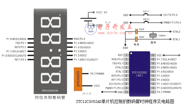 STC12C2052AD单片机控制的数码管时钟程序及电路图